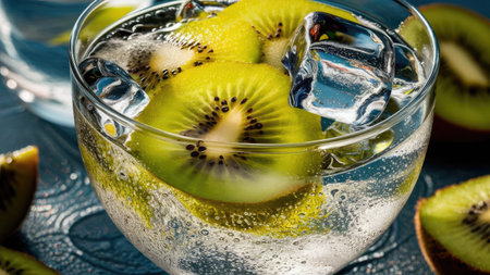 A close-up shot shows a glass of sparkling water with fresh kiwi slices and ice cubes.の素材