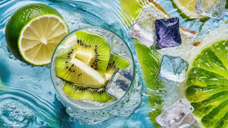 A close-up overhead shot depicts a glass of iced kiwi and lime drink surrounded by more fruit and ice cubes in blue water.の素材