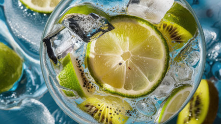 A close-up shot of a glass filled with an icy refreshing drink containing lime and kiwi slices.の素材