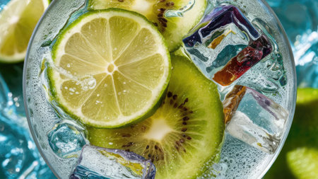 A close-up shot reveals a glass filled with  icy kiwi and lime slices in a bubbly liquid.の素材