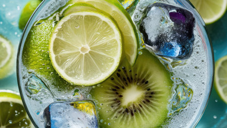 A close-up view of a vibrant, icy drink featuring kiwi and lime slices.の素材