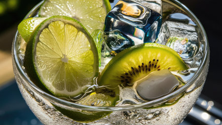 A close-up shot of a glass filled with ice, lime, and kiwi slices, suggesting a refreshing summer drink.の素材