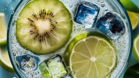 A close-up image shows a glass filled with a kiwi and lime beverage, featuring colorful ice cubes.の素材