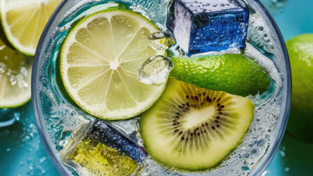 A close-up view of a vibrant blue cocktail garnished with lime kiwi and ice cubes in a glass.の素材