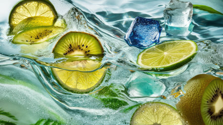 Fresh fruits in water with ice cubes and splashes, closeupの素材