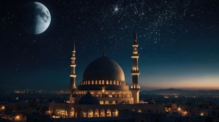 Night view of the mosque with full moon and stars in the skyの素材