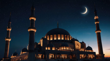 Mosque and the moon in the night sky. 3d renderingの素材