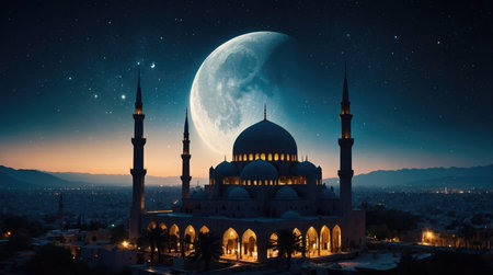 Beautiful night view of the mosque with full moon and stars.の素材