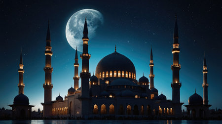 Mosque at night with full moon and stars. 3D renderingの素材