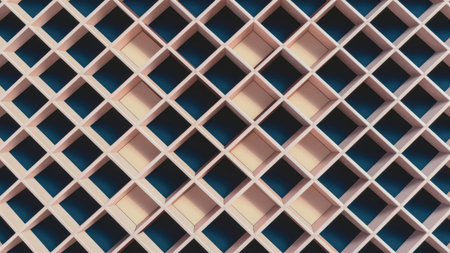 The image shows a repeating geometric pattern of beige diamond shapes on a dark blue background creating an abstract design.の素材