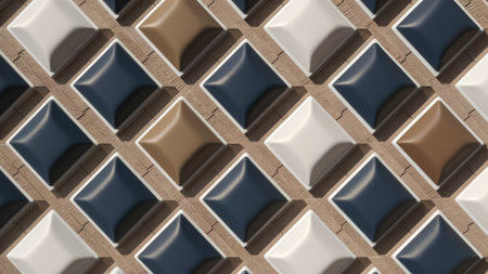 A repeating geometric pattern of square wall panels in various colors set against a wooden background.の素材