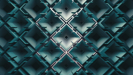 The image shows a complex abstract design featuring a repeating pattern of teal interlocking squares creating a three dimensional effect.の素材