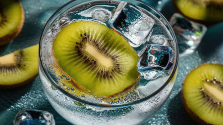 A close-up image showcases a glass filled with a refreshing kiwi-infused drink, accompanied by ice cubes and additional kiwi slices.の素材