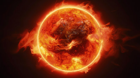 3D illustration of a burning planet in space with stars and flamesの素材