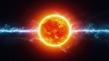 The sun in the night sky. 3D illustration. Elements of this image furnished by NASAの素材