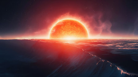 Sunrise above the planet. 3d illustration. Space background.の素材