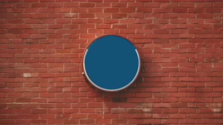 A blank circular blue sign is mounted on a red brick wall providing a simple yet effective promotional space.の素材