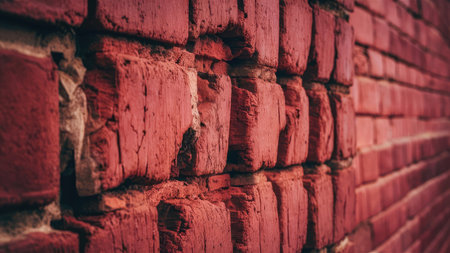 A close-up image showcases the texture of an old, weathered red brick wall with visible damage and mortar.の素材