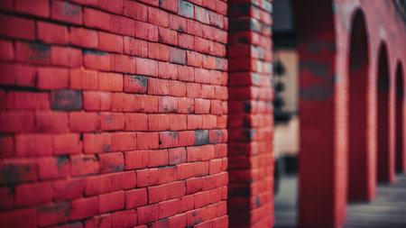 A close-up image showcases the texture and detail of a vibrant red brick wall, with blurred red brick pillars in the background.の素材