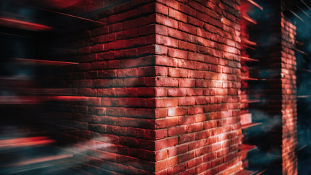 A close up shot of a red brick wall corner with blurred background showing architectural details and texture.の素材