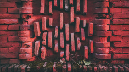 Brick wall of red bricks. Red brick wall background. Red brick wall texture.の素材