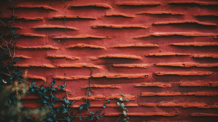 A textured red brick wall with a dark green climbing vine growing along its surface.の素材
