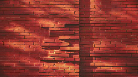 A textured image of a red brick wall showing a damaged area and the effect of sunlight creating shadows.の素材