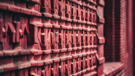 A close-up view of a red brick wall with an intricate, carved pattern showcasing architectural detail.の素材