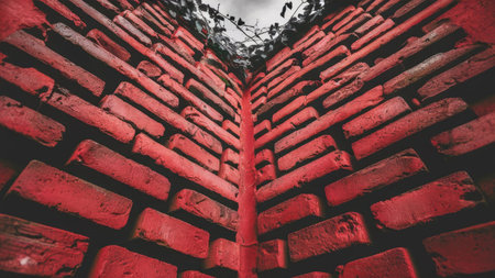A close up perspective of a vibrant red brick wall corner with dark green vines growing over the top.の素材
