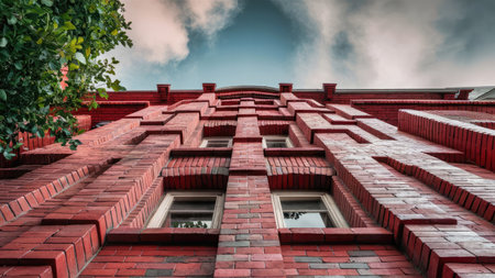 A low angle view showcases the intricate brickwork and architectural details of a red brick building against a cloudy sky.の素材