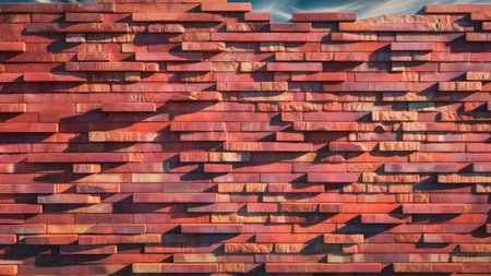 A textured wall composed of many reddish-brown wooden blocks arranged in an irregular, overlapping pattern.の素材
