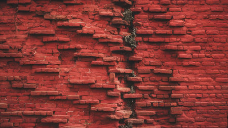 A close-up view of an old, weathered red brick wall showing significant damage and plant growth in the cracks.の素材