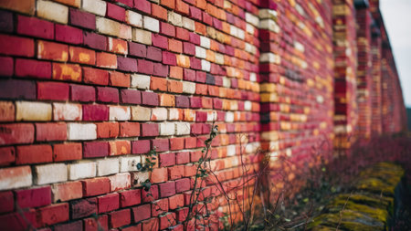 A close-up view of a multicolored brick wall with autumnal plants growing at its base.の素材