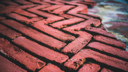A close-up view of a red brick pavement exhibiting a herringbone pattern, showcasing texture and detail.の素材