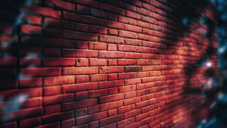 A close up view of a red brick wall with subtle lighting and shadow effects creating a textured background.の素材