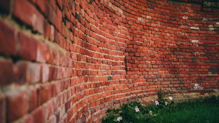 A curved red brick wall, showing age and texture, sits next to a patch of vibrant green grass and delicate pink flowers.の素材