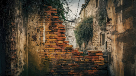 Old brick wall in the old town of Bologna, Italyの素材