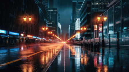 Rainy city street at night, Shanghai, China. Shallow depth of field.の素材