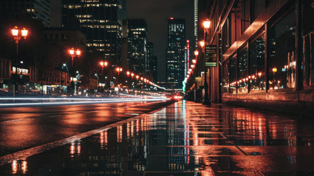 Car light trails on a wet street in Chicago, Illinois, USA.の素材