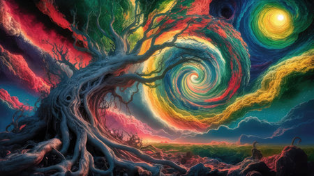 Fantasy landscape with tree and rainbow colors. 3D illustration.の素材