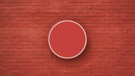 A blank red circular sign is mounted on a red brick wall providing a clean template for design or advertisement.の素材