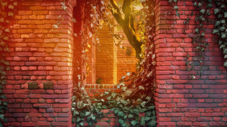 A view through an opening in a red brick wall, overgrown with green vines and partially obscured by a tree trunk.の素材