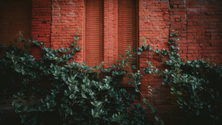 A vibrant green vine climbs and covers a section of an old red brick wall creating a striking contrast in texture and color.の素材