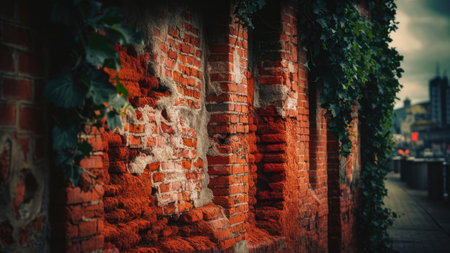 An aged brick wall, partially decayed and overgrown with green vines, displays a textured and historical urban scene.の素材
