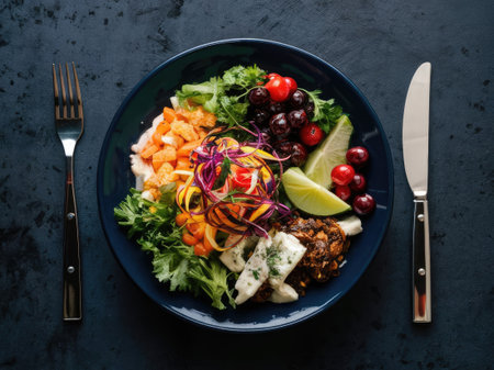 A vibrant and healthy salad is artfully arranged on a dark blue plate accompanied by a fork and knife.の素材