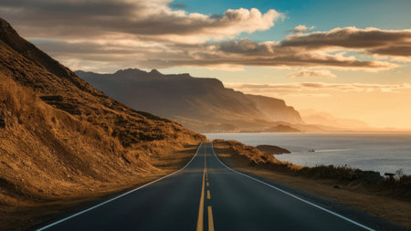 A winding asphalt road leads towards a scenic coastal view with mountains at sunset creating a beautiful and tranquil scene.の素材
