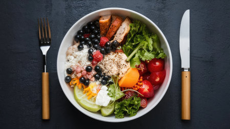 A vibrant and healthy meal in a bowl featuring grilled chicken, various berries,  vegetables, and a creamy topping.の素材