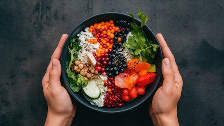 A person holds a vibrant bowl filled with a nutritious and colorful mix of berries, vegetables, and cottage cheese.の素材