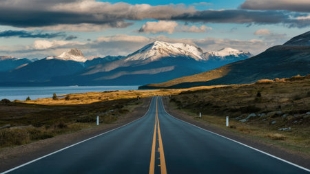 A picturesque highway winds through a stunning landscape of snowcapped mountains and a calm lake under a partly cloudy sky.の素材