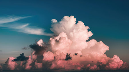 A large, dramatic cumulus cloud formation displays vibrant pink and white hues against a deep teal sky.の素材